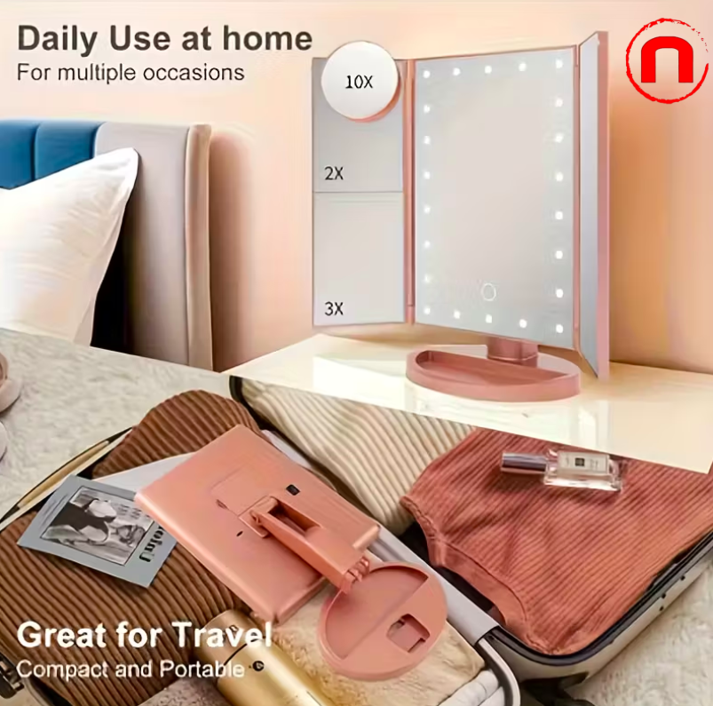 Makeup Mirror, Adjustable Vanity Mirror with Tri-Fold Design and 21 LED Lights