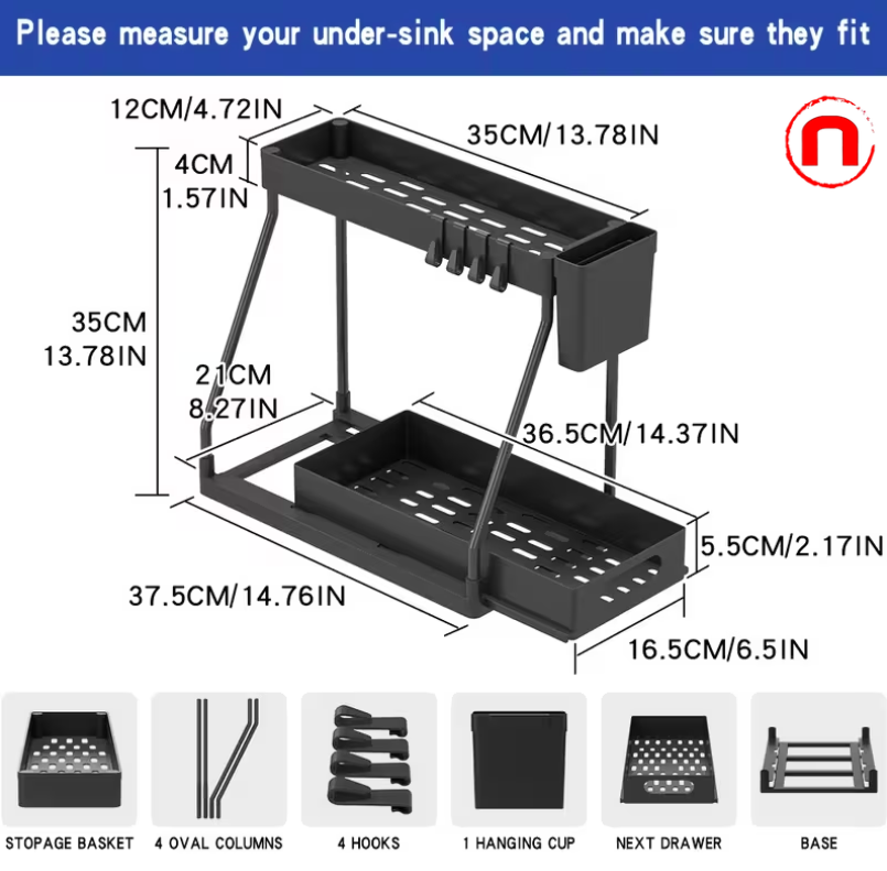 2-Piece Under Sink Organizer with Sliding Shelves - Durable and Removable Cabinet Organizer for Bathroom and Kitchen