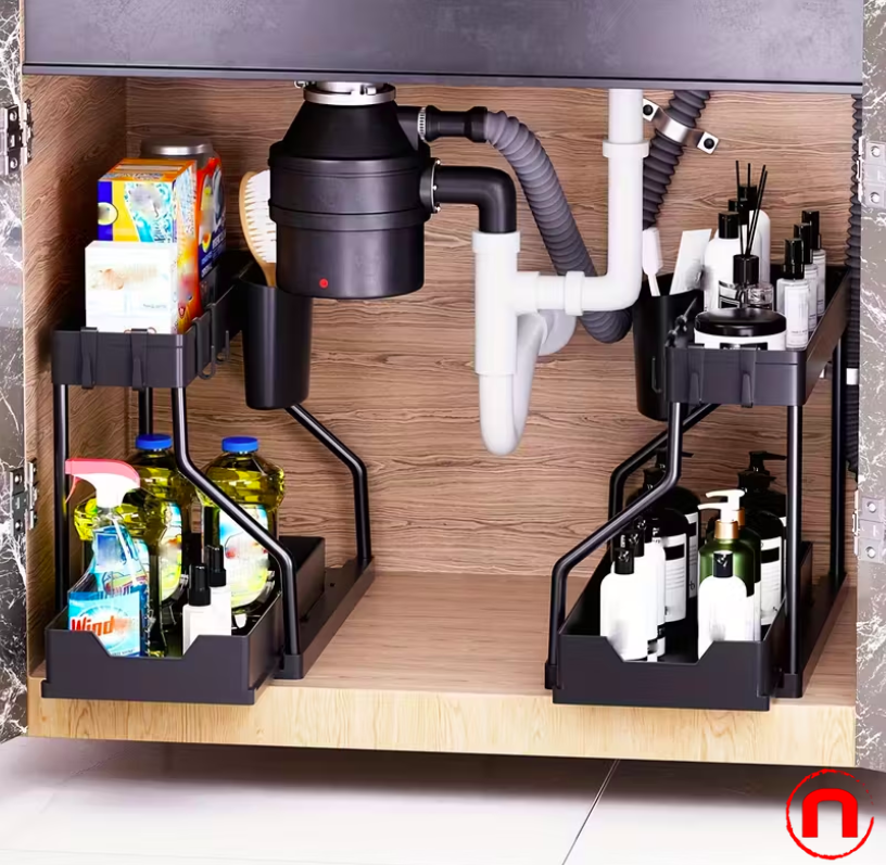 2-Piece Under Sink Organizer with Sliding Shelves - Durable and Removable Cabinet Organizer for Bathroom and Kitchen