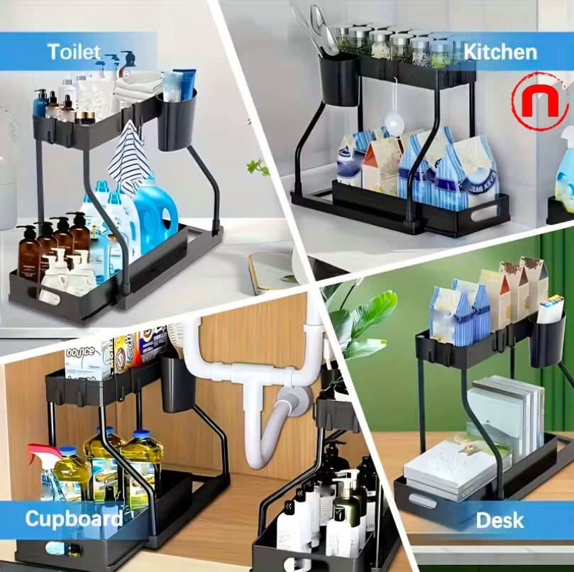 2-Piece Under Sink Organizer with Sliding Shelves - Durable and Removable Cabinet Organizer for Bathroom and Kitchen