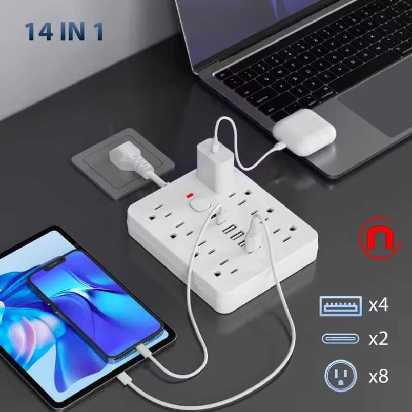 14-in-1 Surge Protector Power Strip with 8 AC Outlets, 4 USB-A Ports and 2 USB-C Ports