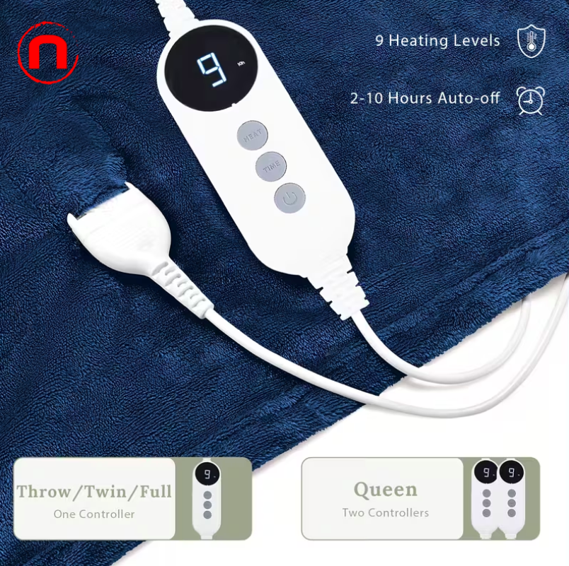 All Sizes Heated Electric Blanket Double-Sided Flannel Heating Blanket with 9 Heat Levels and 2/4/6/10 Hour Auto Shut-Off