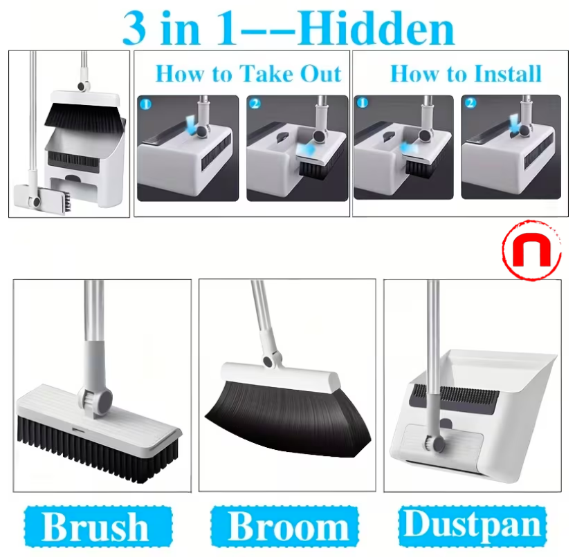 3-in-1 Folding Broom Set with Dustpan and Floor Brush