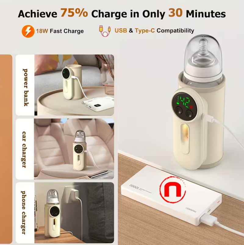 Portable Smart Baby Bottle Warmer and Thermos Cup with Leak-Proof Design, Wireless Operation, and Fast Charging