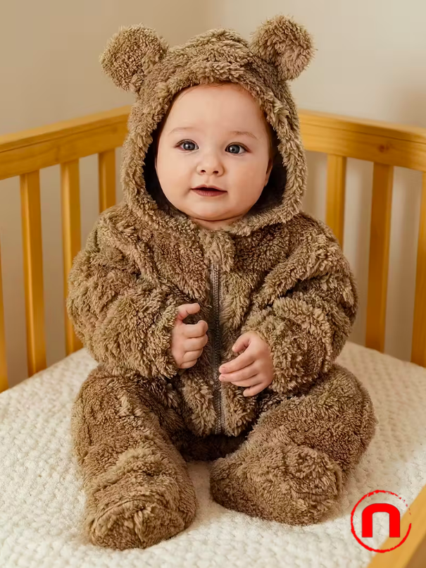 Plush jumpsuit with hood and feet for newborns, with cartoon print,