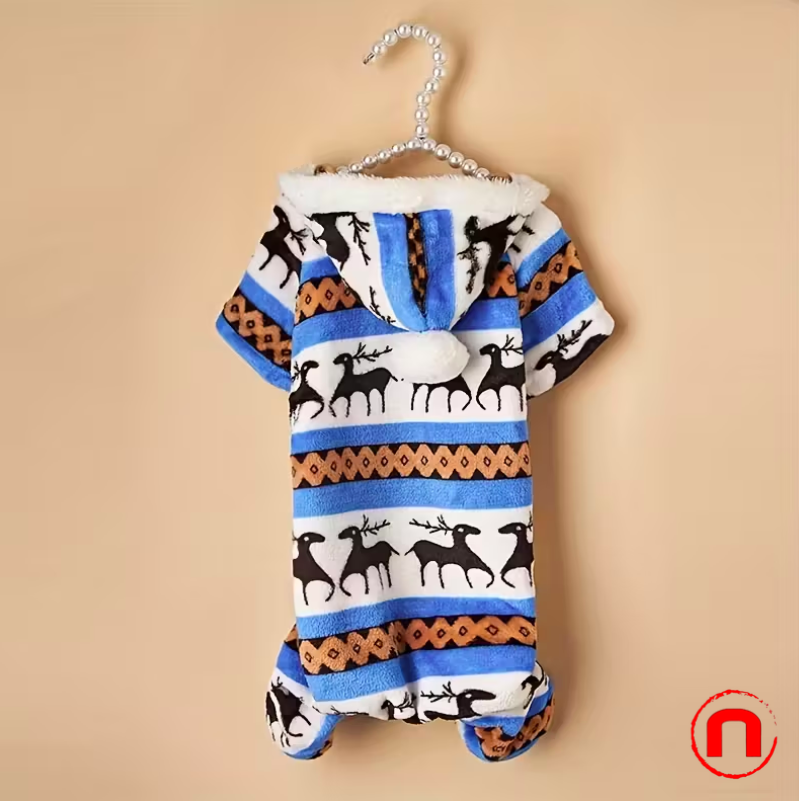 Christmas Reindeer Costume for Small Pets, One-Piece Plush Pajamas