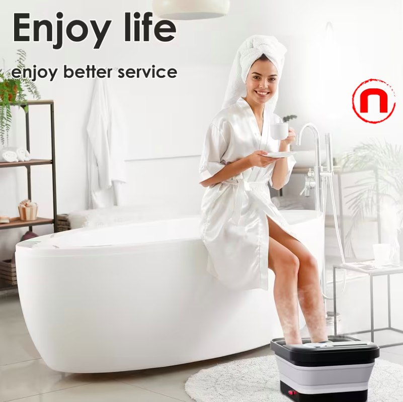 Collapsible foot bath with heater and temperature control, bubble massager