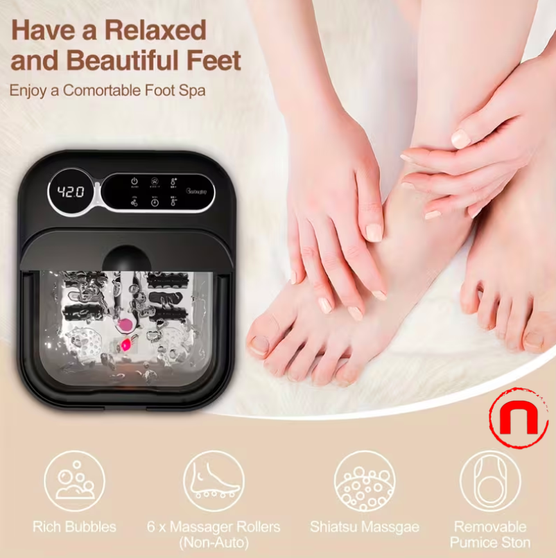Collapsible foot bath with heater and temperature control, bubble massager