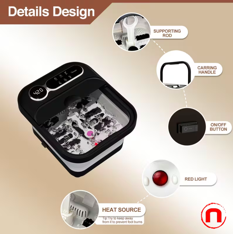 Collapsible foot bath with heater and temperature control, bubble massager