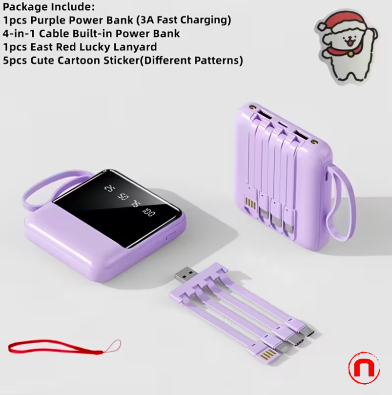 Portable Rechargeable Mobile Phone Charger, 4 Built-in Cables