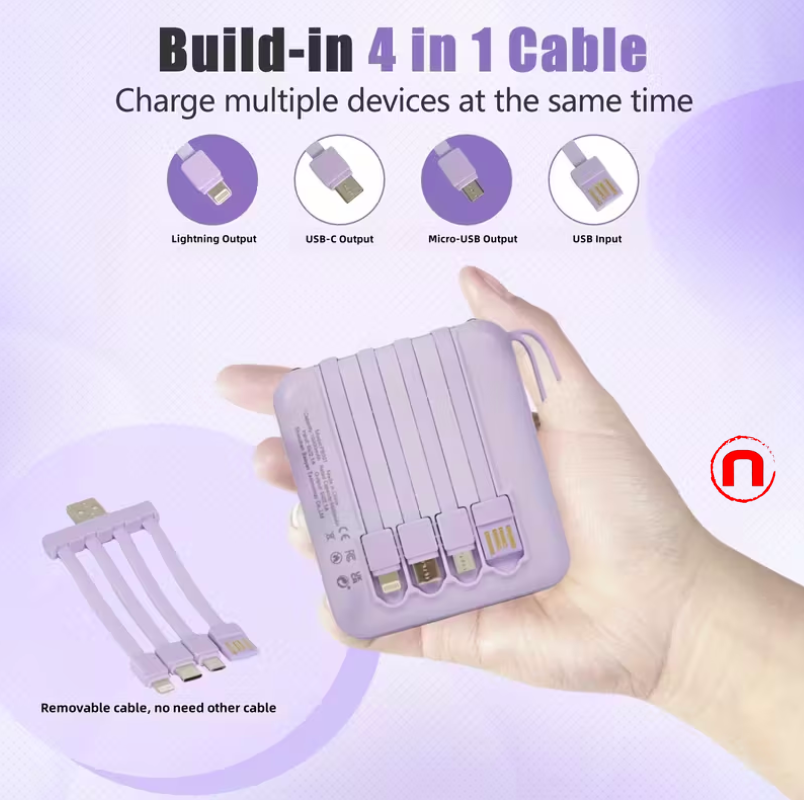 Portable Rechargeable Mobile Phone Charger, 4 Built-in Cables