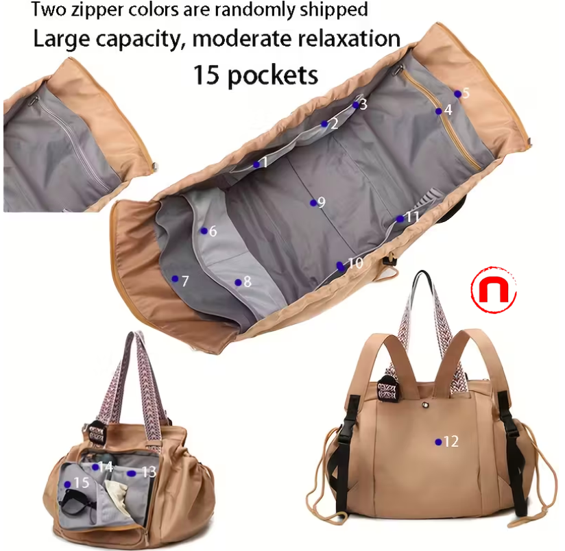Gym bag with drawstring and multiple pockets