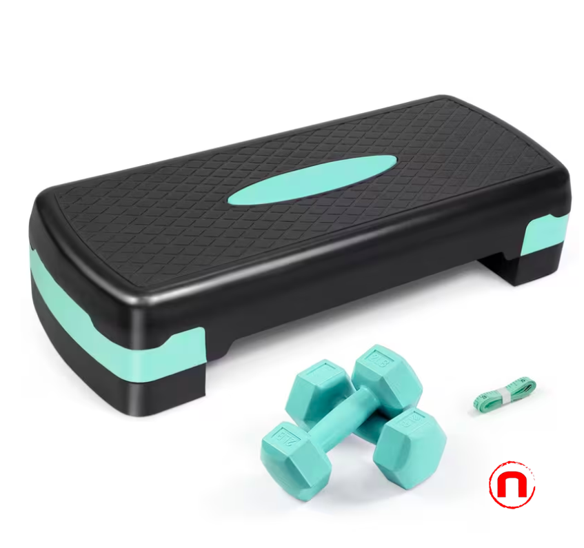 Aerobic stepper set with adjustable height, 2 dumbbells, and measuring tape.