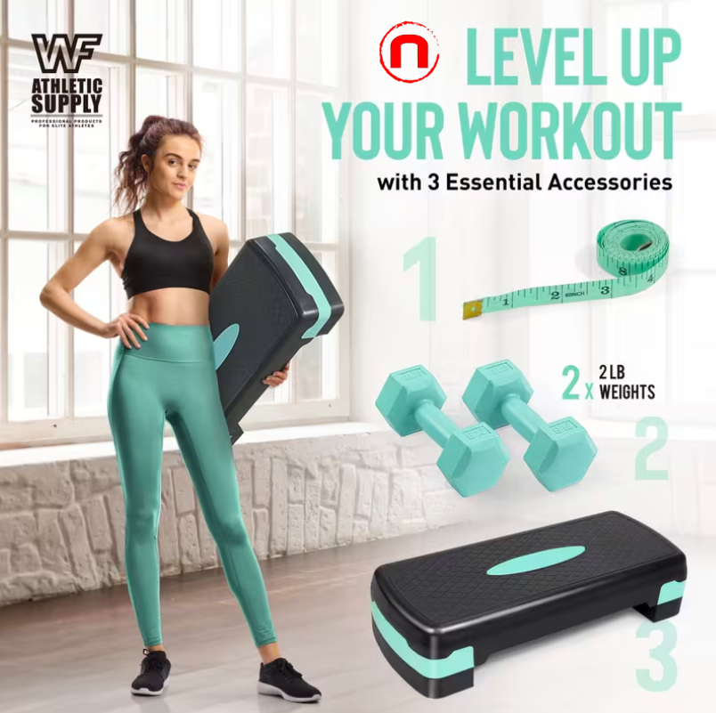Aerobic stepper set with adjustable height, 2 dumbbells, and measuring tape.