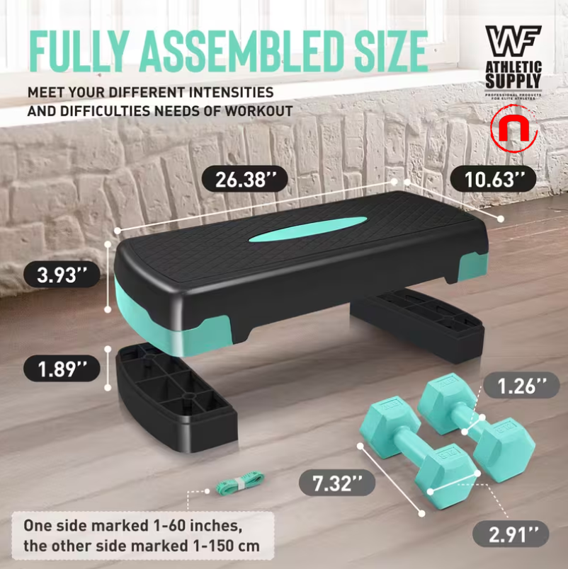 Aerobic stepper set with adjustable height, 2 dumbbells, and measuring tape.