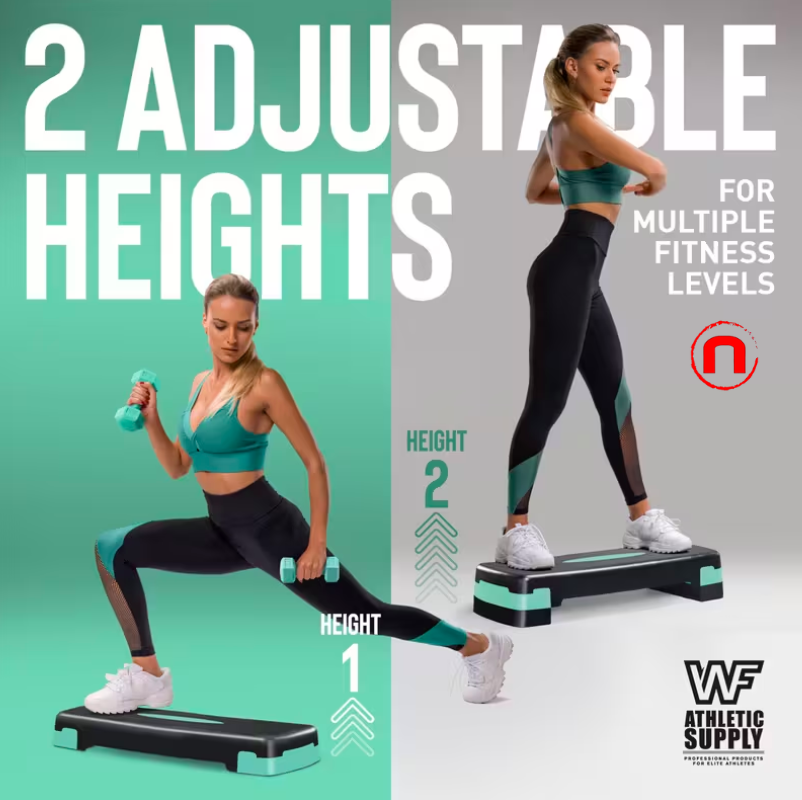 Aerobic stepper set with adjustable height, 2 dumbbells, and measuring tape.