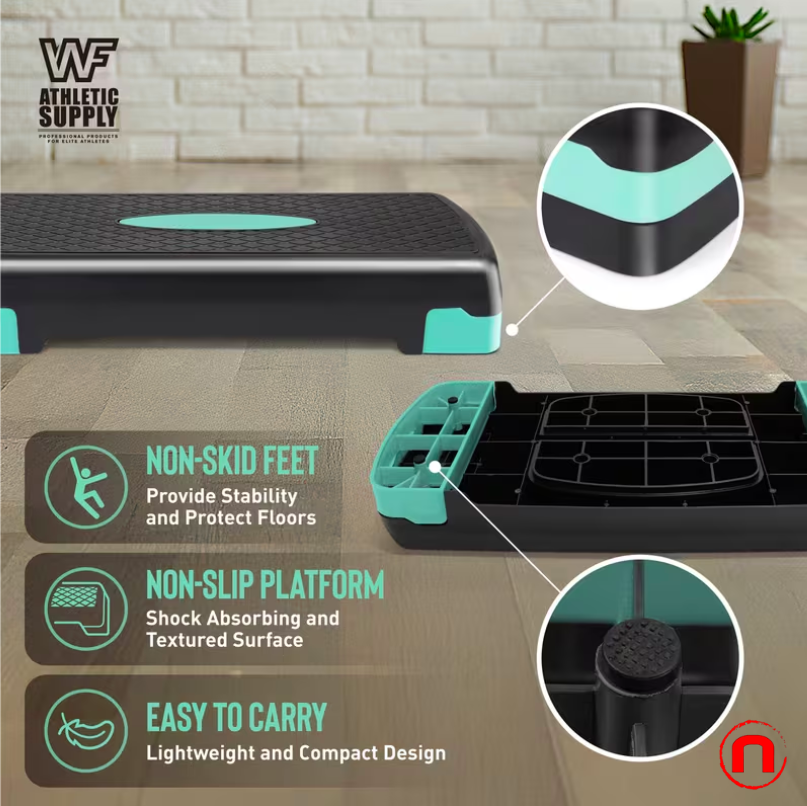 Aerobic stepper set with adjustable height, 2 dumbbells, and measuring tape.
