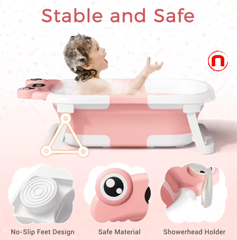 Improved foldable baby bathtub with liner and thermometer