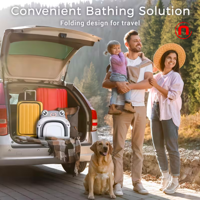 Improved foldable baby bathtub with liner and thermometer